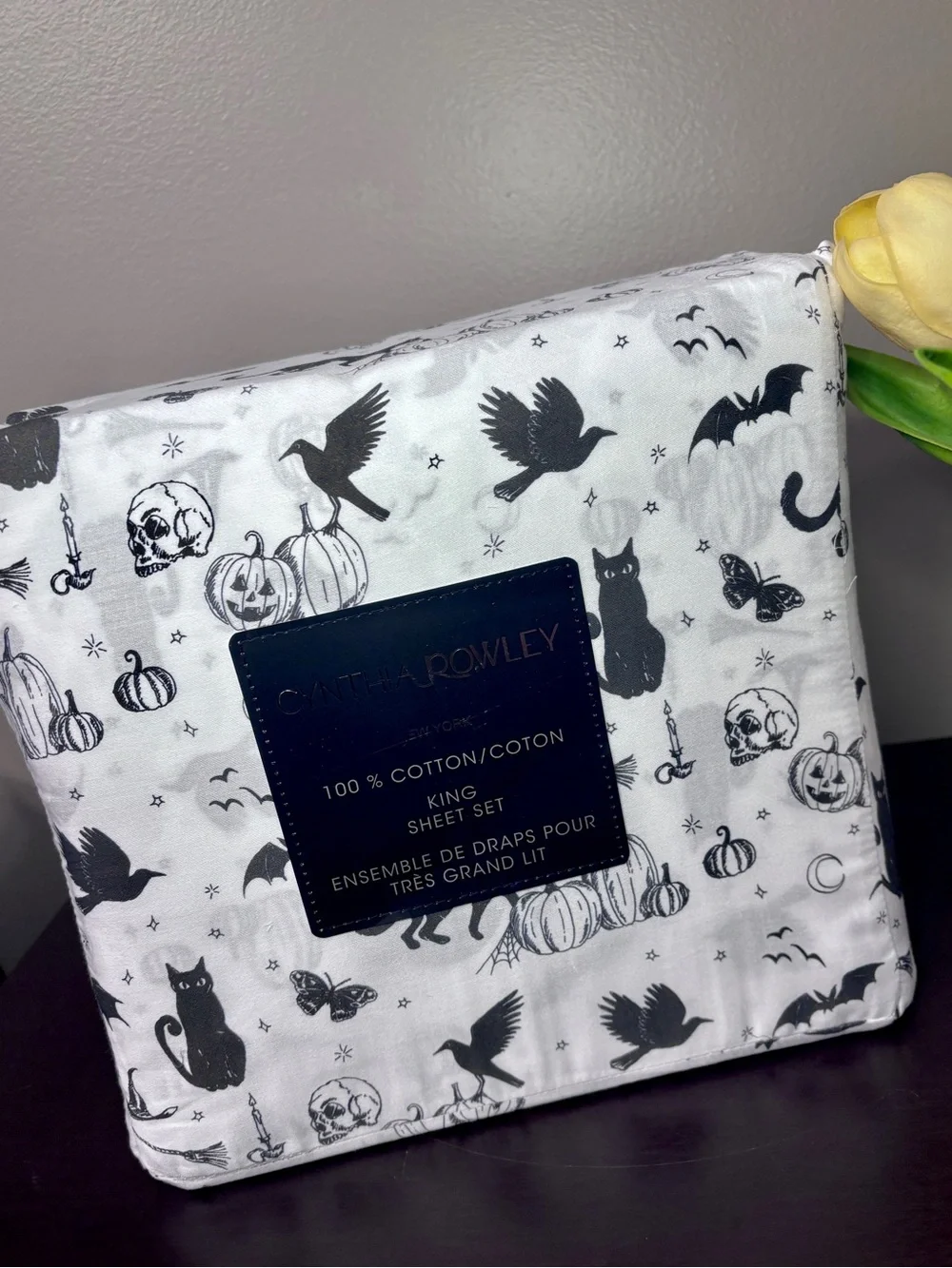 NEW Cynthia Rowley king size gothic black cat Halloween sheet set